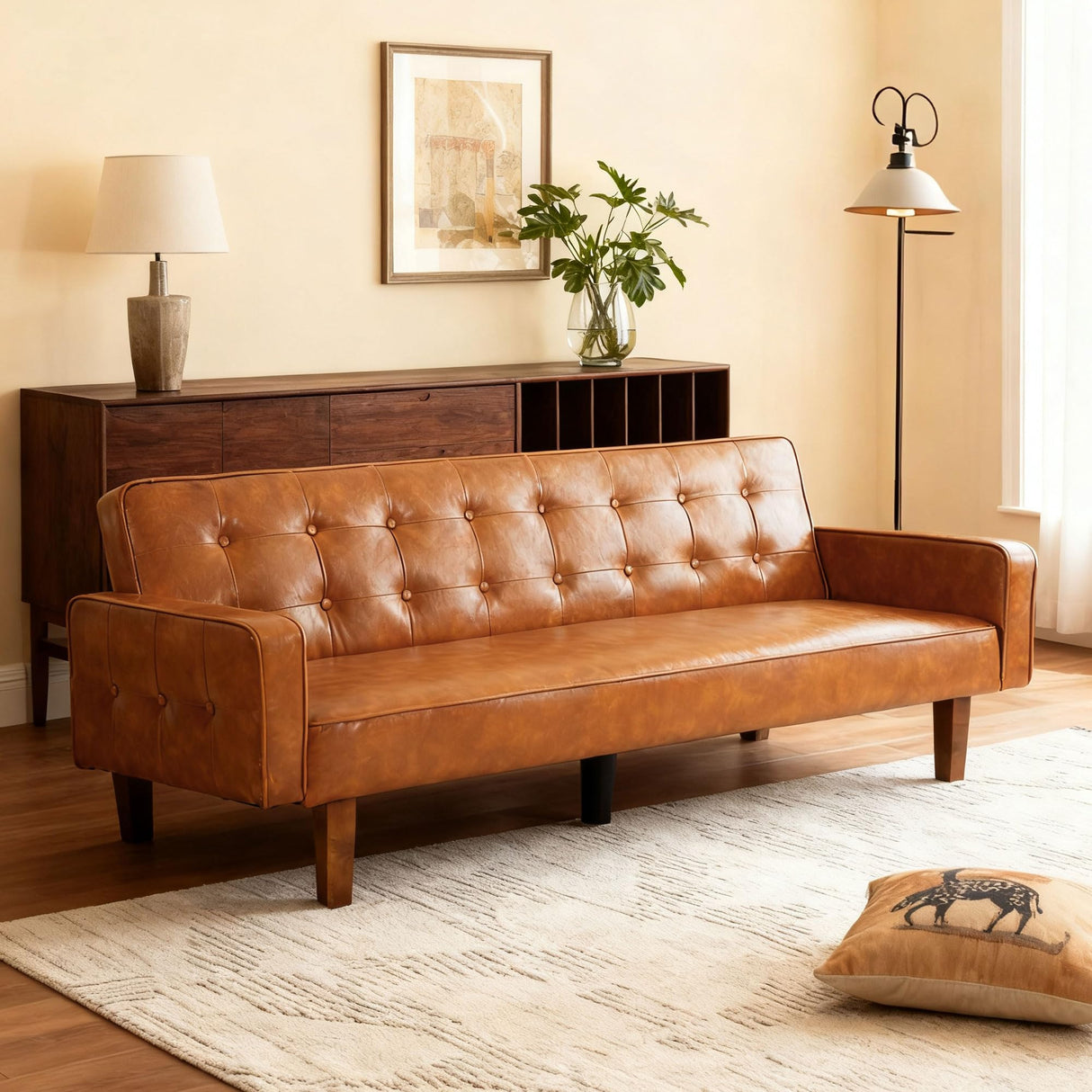 gkxjtzo 74" Faux Leather Futon Sofa Bed Small Space Sleeper Couch, Adjustable Backrest, Mid-Century Modern Loveseat for Living Room, Bedroom, Apartment(Brown) gkxjtzo