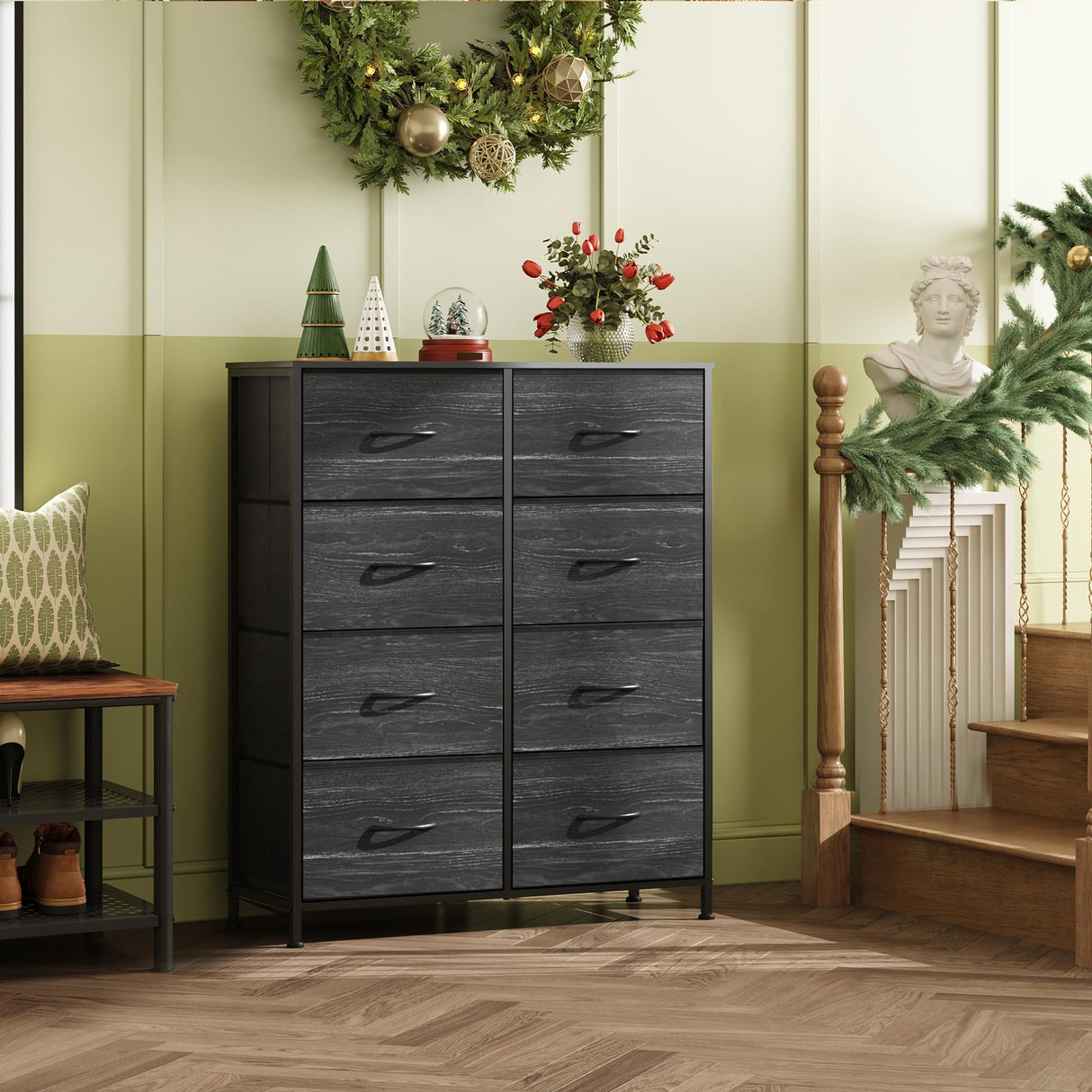WLIVE Tall Fabric Dresser for Bedroom with 8 Drawers, Storage Tower with Bins, Double Dresser, Chest of Drawers for Closet, Living Room, Hallway, Charcoal Black Wood Grain Print WLIVE