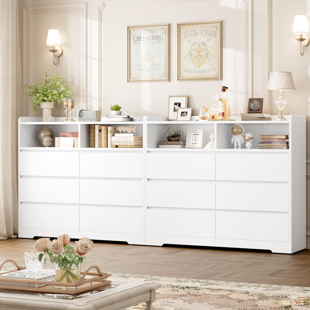 FOTOSOK White Dresser, 47.2" White Modern Chest of Drawers with 2 Open Cabinets, Handless Design Dresser with 6 Drawers, Wood Dressers Storage Drawers for Home & Office FOTOSOK