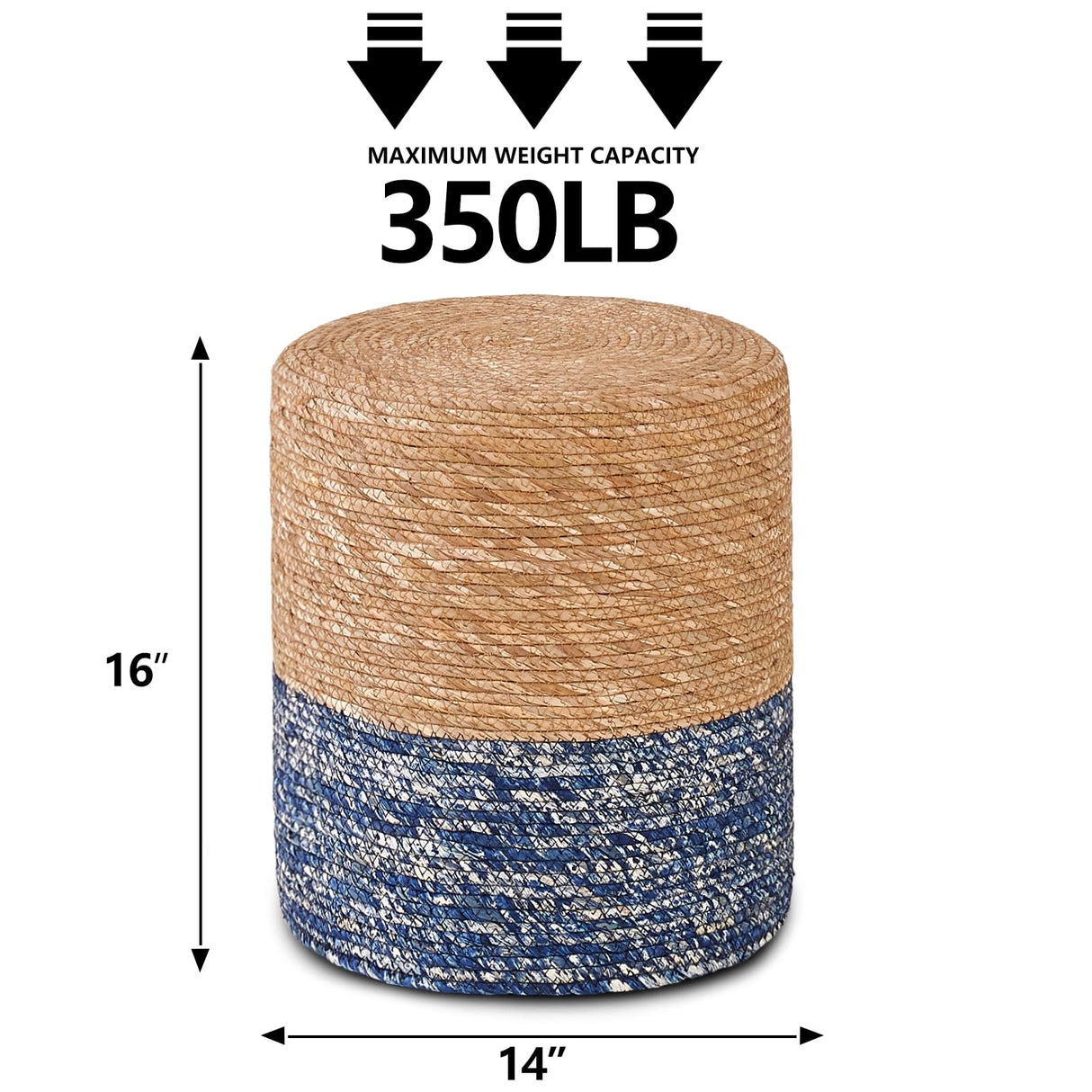 Wimarsbon Natural Seagrass Foot Stool, Hand Weaving Round Ottoman, for Living Room, Outdoor Seat (Natural & Blue) Wimarsbon