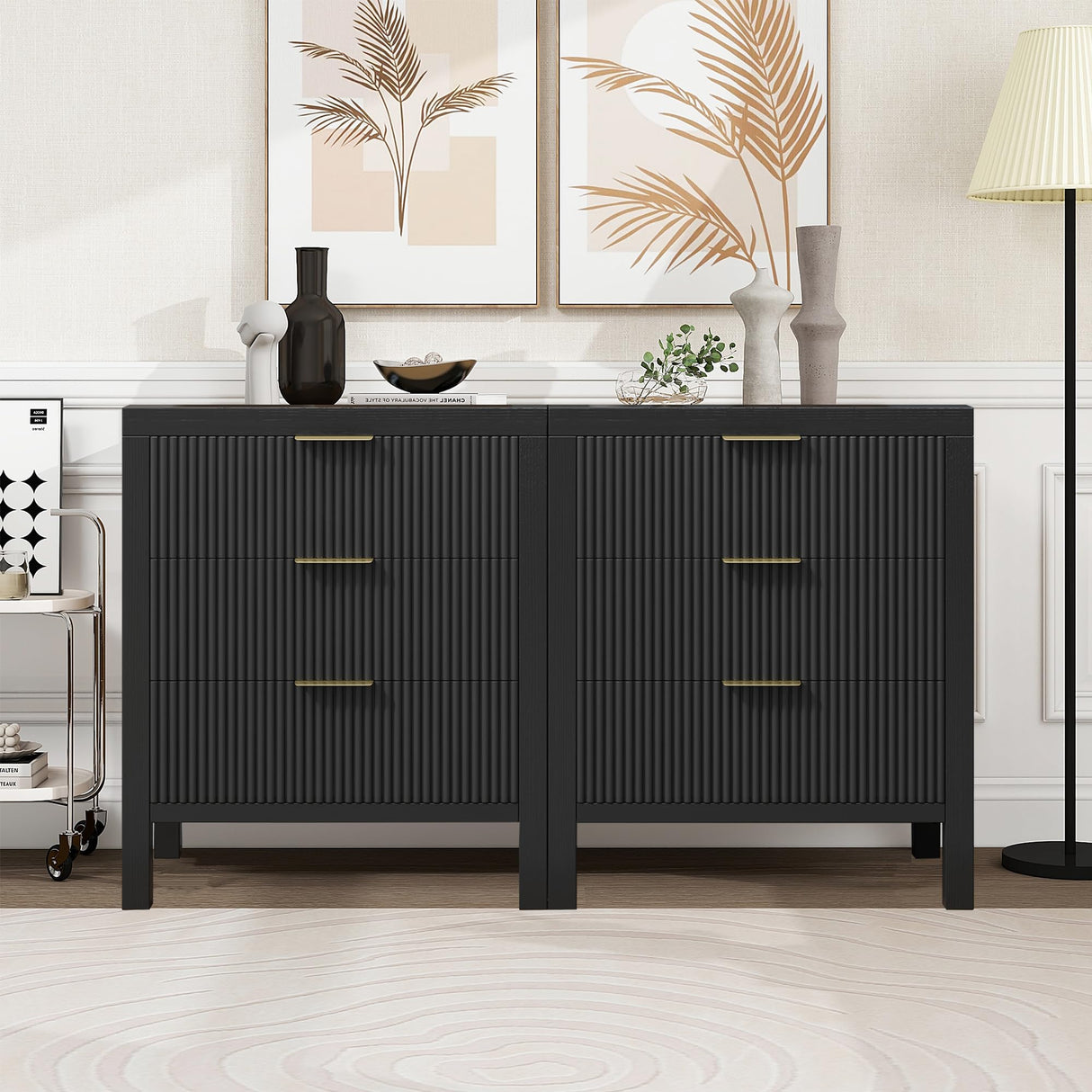 MJADUE Fluted Nightstands Set of 2, Wooden Farmhouse Night Stands with 6 Drawer Bedside Table - Boho Tall End Table Accent Table for Bedroom, Living Room, (Black 2PCS) MJADUE