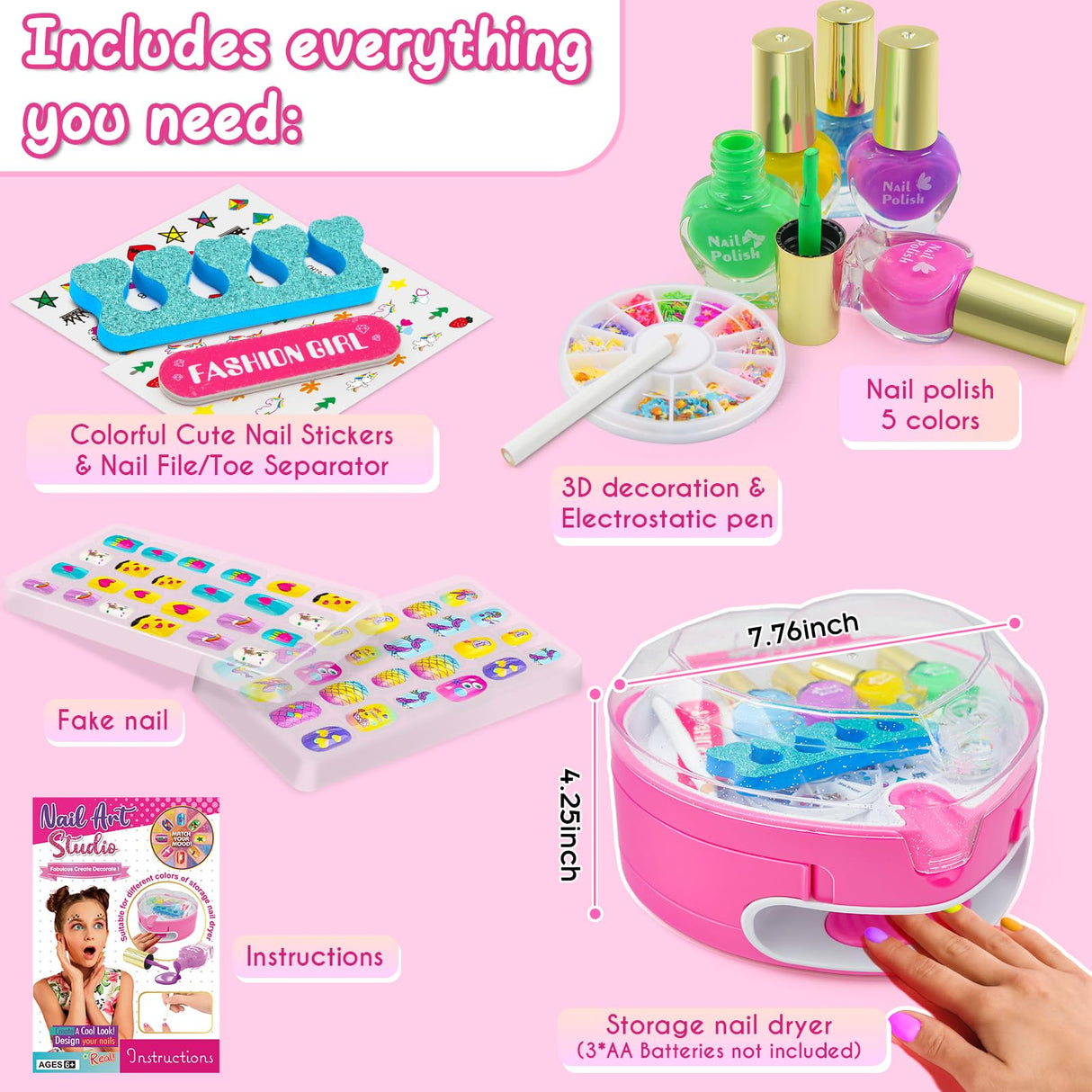 Ylovetoys Kids Nail Polish Set for Girls, Nail Art Kit for Kids Ages 7-12, All-in-One Nail Salon with Nail Dryer & Press On False Nails,DIY Decorative,Non-Toxic Polish,Stickers, Little Girl Gift Toys Ylovetoys