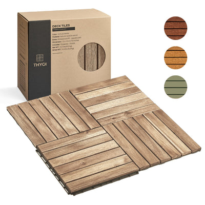 THYOI 10 Pcs Interlocking Deck Tiles, Waterproof Acacia Wood Patio Flooring for Balcony & Outdoor Use (White, 10 Pcs - 12.1 Square Ft)