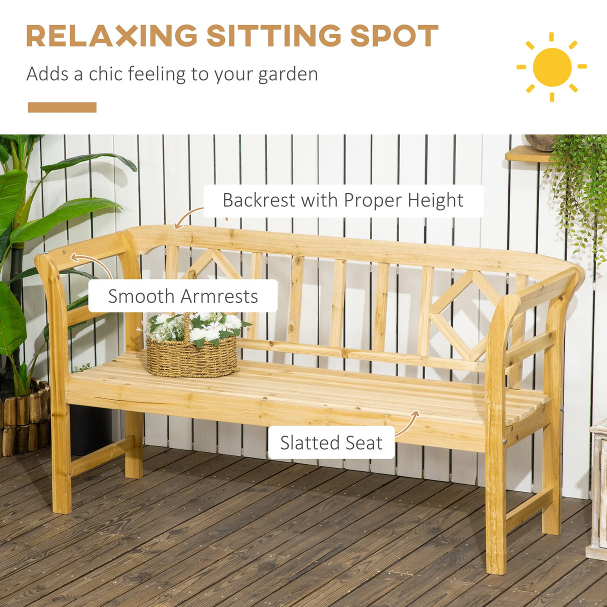 Outsunny Rustic Three-Seat Wooden Patio Bench with Backrest and Armrests Outsunny