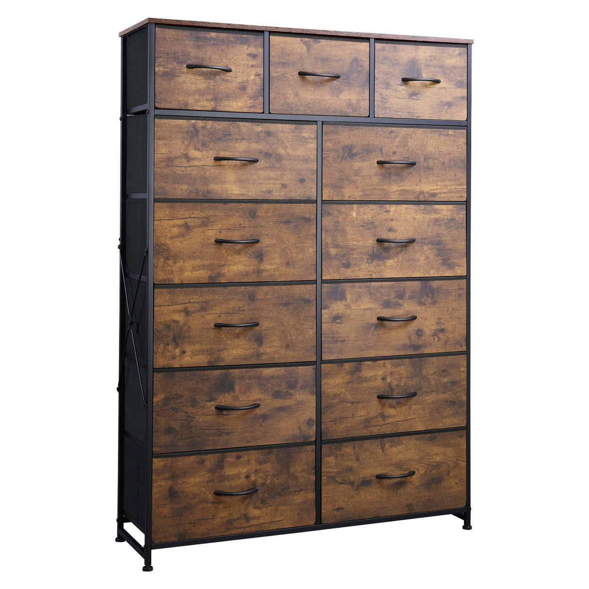 WLIVE Tall Dresser for Bedroom with 13 Drawers, Storage Dresser Organizer Unit, Fabric Dresser for Bedroom, Closet, Chest of Drawers, Steel Frame, Wood Top, Rustic Brown Wood Grain Print WLIVE