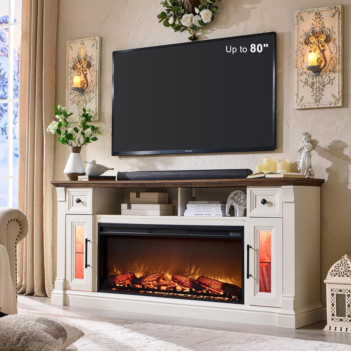 OKD Fireplace TV Stand for 80 Inch TV - Farmhouse Entertainment Center with 42" Electric Fireplace & LED Lights, Wood Media Console with Storage Drawers & Cabinets for Living Room, Antique White OKD