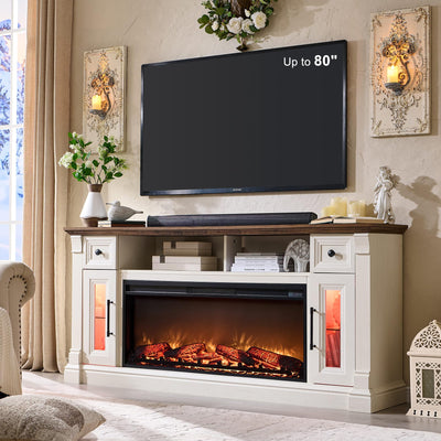 OKD Fireplace TV Stand for 80 Inch TV - Farmhouse Entertainment Center with 42" Electric Fireplace & LED Lights, Wood Media Console with Storage Drawers & Cabinets for Living Room, Antique White