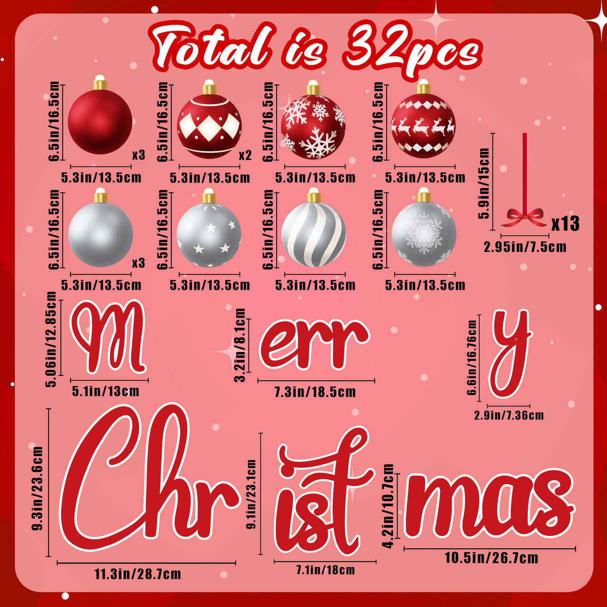 90shine 32PCS Christmas Garage Door Decorations Magnets - Merry Xmas Ball Holiday Refrigerator Fridge Kitchen Decor(Red, Silver) 90shine