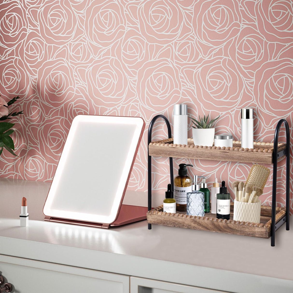 BDBDYEAY Bathroom Countertop Organizer, 2 Tier Vanity Organizer and Storage for Cosmetic Skincare Perfume, Wood Bead Storage Shelf for Bathroom Kitchen Coffee Station BDBDYEAY