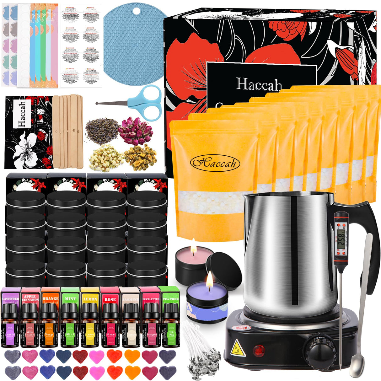 Complete Candle Making Kit With Wax Melter, Candle Making Supplies, Diy Arts&Crafts Kits Gift For Adults,Beginners,Including Soy Wax,Electric Stove,Wicks,Rich Scents,Rubber Pads,Wick Clips,Spoon, Etc. Haccah