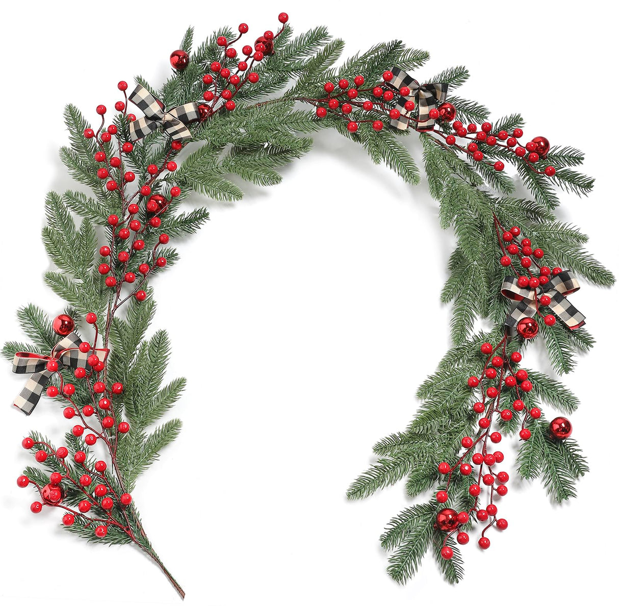 YYHUAWU 6FT Christmas Garland with Red Berries Bows Christmas Balls, Multi-Function Christmas Pine Needles Garland for Mantle Table Front Door Indoor Outdoor Christmas Holiday Decor YYHUAWU