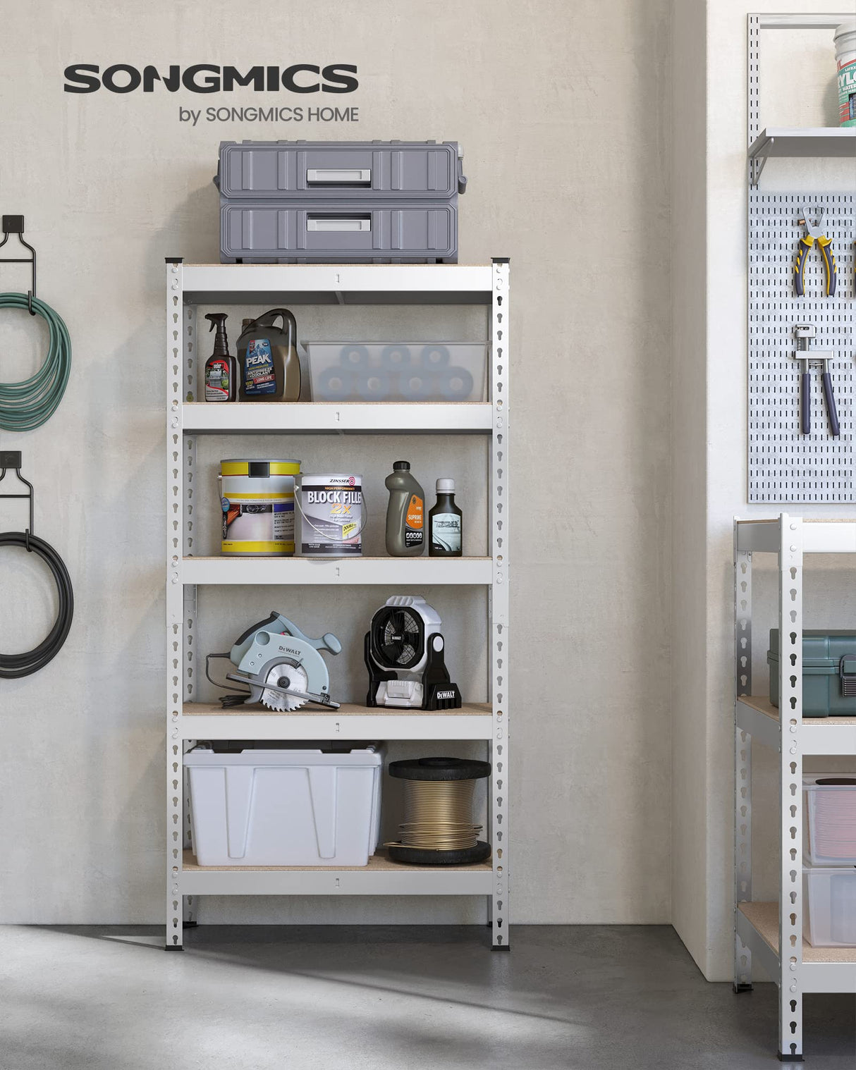 SONGMICS 5-Tier Storage Shelves, Load 2310 lb, Garage Storage, Boltless Assembly, Adjustable Shelving Unit, 17.7 x 35.4 x 70.9 Inches, for Study Shed Basement, Silver and Natural Beige UGLR450E01 SONGMICS
