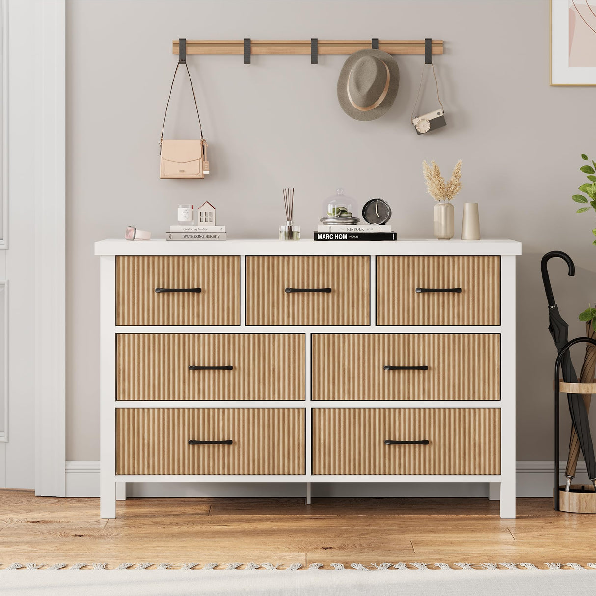 Jocoevol White Dresser 7 Drawer Dresser for Bedroom, Modern Fluted Dresser with Solid Wood Legs, Long Double Wooden Dresser Large Chest of Drawers for Living Room, Entryway, Hallway (Wood Fluted) Jocoevol