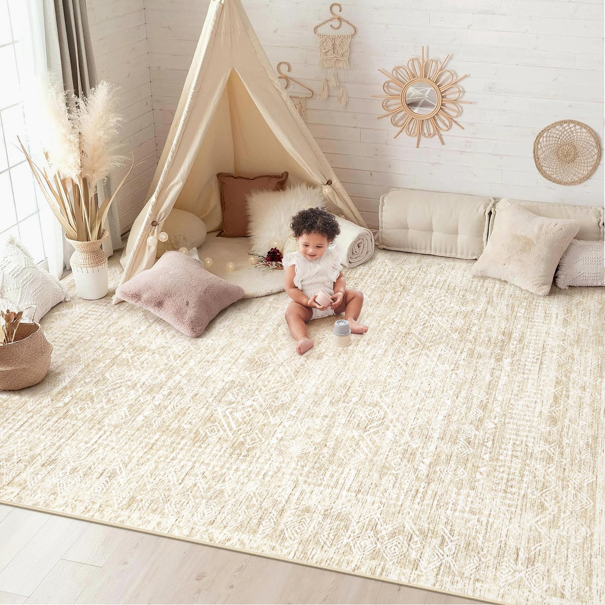 Washable Area Rug 5x7: Moroccan Rug for Living Room Geometric Boho Rug Farmhouse Non Slip Stain Resistant Rugs Low Pile Soft Carpet for Bedroom Dining Room Home Office Children Room (Beige,5'x7') VECARF