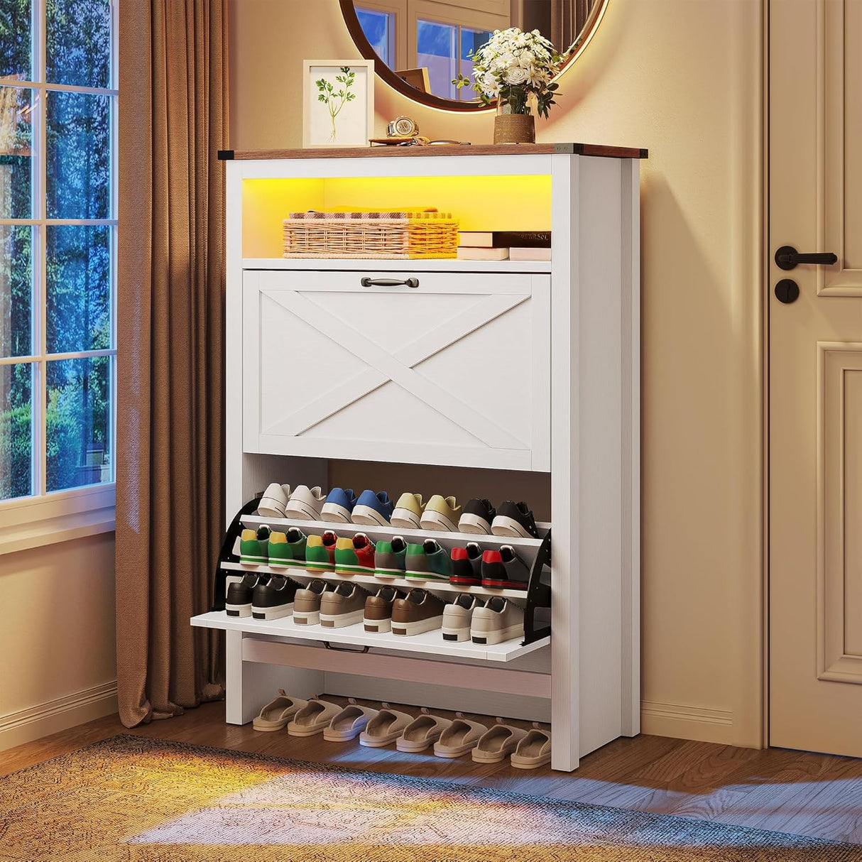 YITAHOME Shoe Cabinet with 2 Flip Drawers, Entryway Shoe Storage Cabinet with Open Shelves and Led Light, Free Standing Hidden Shoe Rack Storage Organizer for Entryway/Hallway/Closet, White YITAHOME