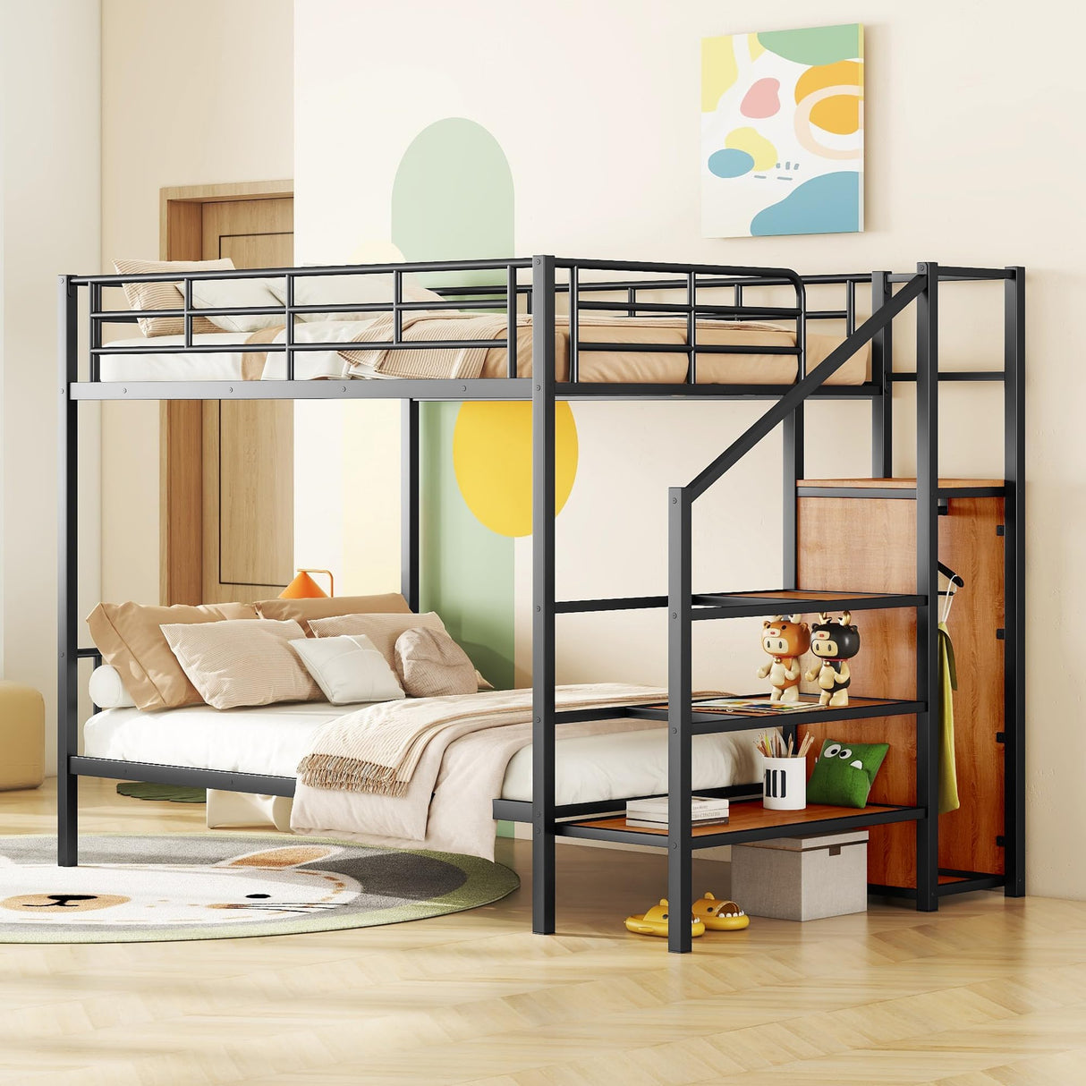 Bellemave Full Over Full Metal Bunk Bed,Bunk Bed with Storage Stairs and Wardrobe, Bunk Bed for Adults/Kids/Teens, Bunk Bed for School, Bedroom, Black Bellemave