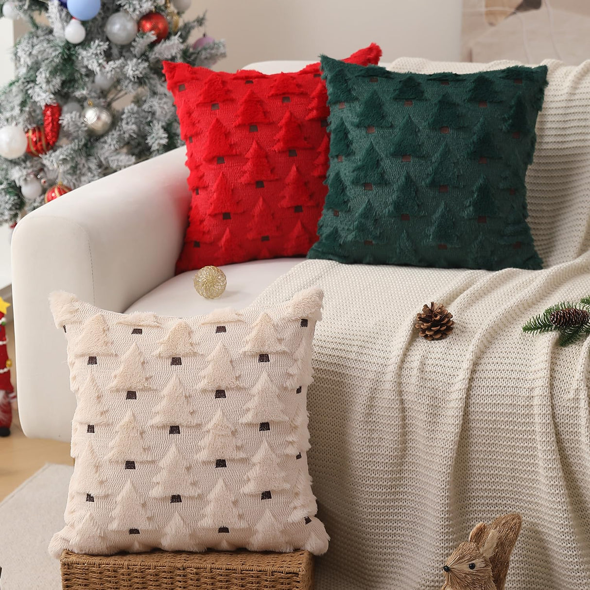Allorry Christmas Pillow Covers 18x18 inch Set of 2 Xmas Decorations Soft Plush Faux Fur Wool Beige Christmas Tree Throw Pillow Cases Winter Holiday Decor for Sofa Living Room PT-002C18 Allorry