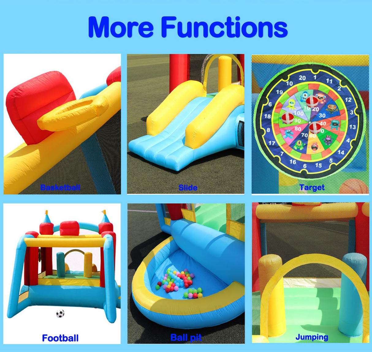 WELLFUNTIME Inflatable Bounce House with Slide, Jumping Castle with Blower and Wave Pool, Basketball Rim, Football Goal WELLFUNTIME