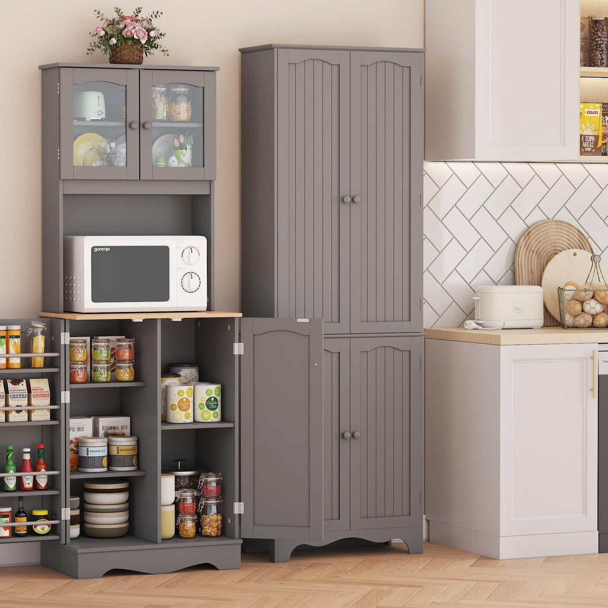 Function Home Tall Pantry Cabinet, Freestanding Storage Cabinet, Wooden Kitchen Pantry with 4 Doors and 5 Shelves, 72" Floor Cabinet Organizer for Kitchen Living Room Bathroom, Grey Function Home
