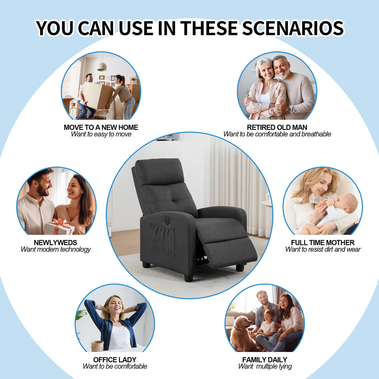 Sftaiyou Power Massage Small Recliner Chair, Fabric Recliners for Adults, Adjustable Home Theater Seating with Lumbar Support, Modern Reclining Sofa Chair for Living Room Bedroom (Black) Sftaiyou