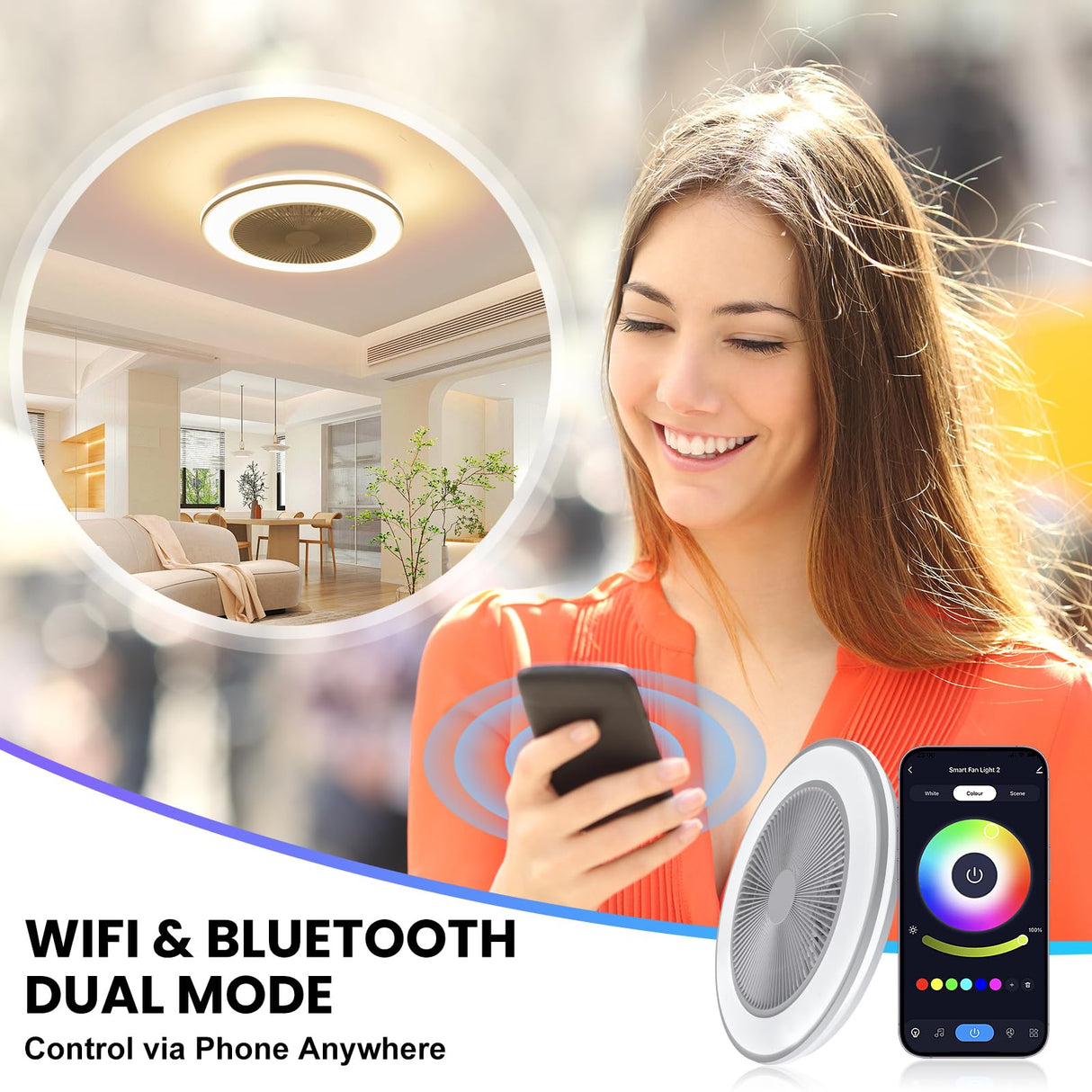 Smart WiFi&Bluetooth RGB Ceiling Fans with Lights and Remote,20"low profile ceiling fan with light,Compatible with Alexa,Google Assistant,App Control Color Changing LED,3000K-6000K,6 adjustable speed BESTECCT
