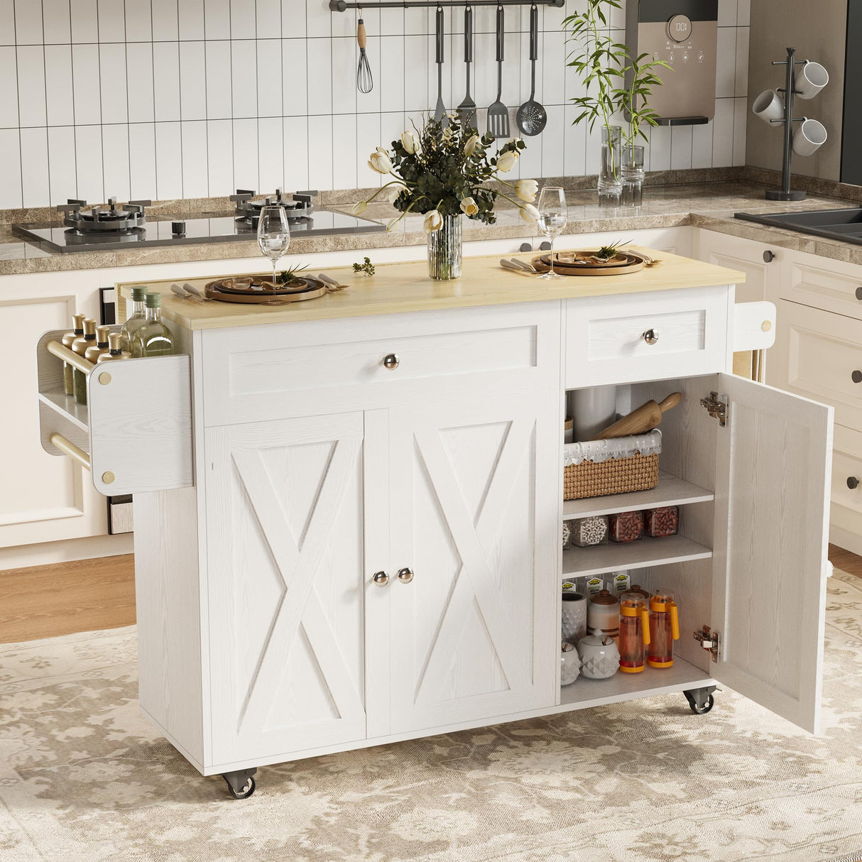 IRONCK Rolling Kitchen Island Table on Wheels with Drop Leaf, 56" Kitchen Island with Drawers and Adjustable Shelves Cabinet, Large Mobile Kitchen Island Cart for Kitchen IRONCK