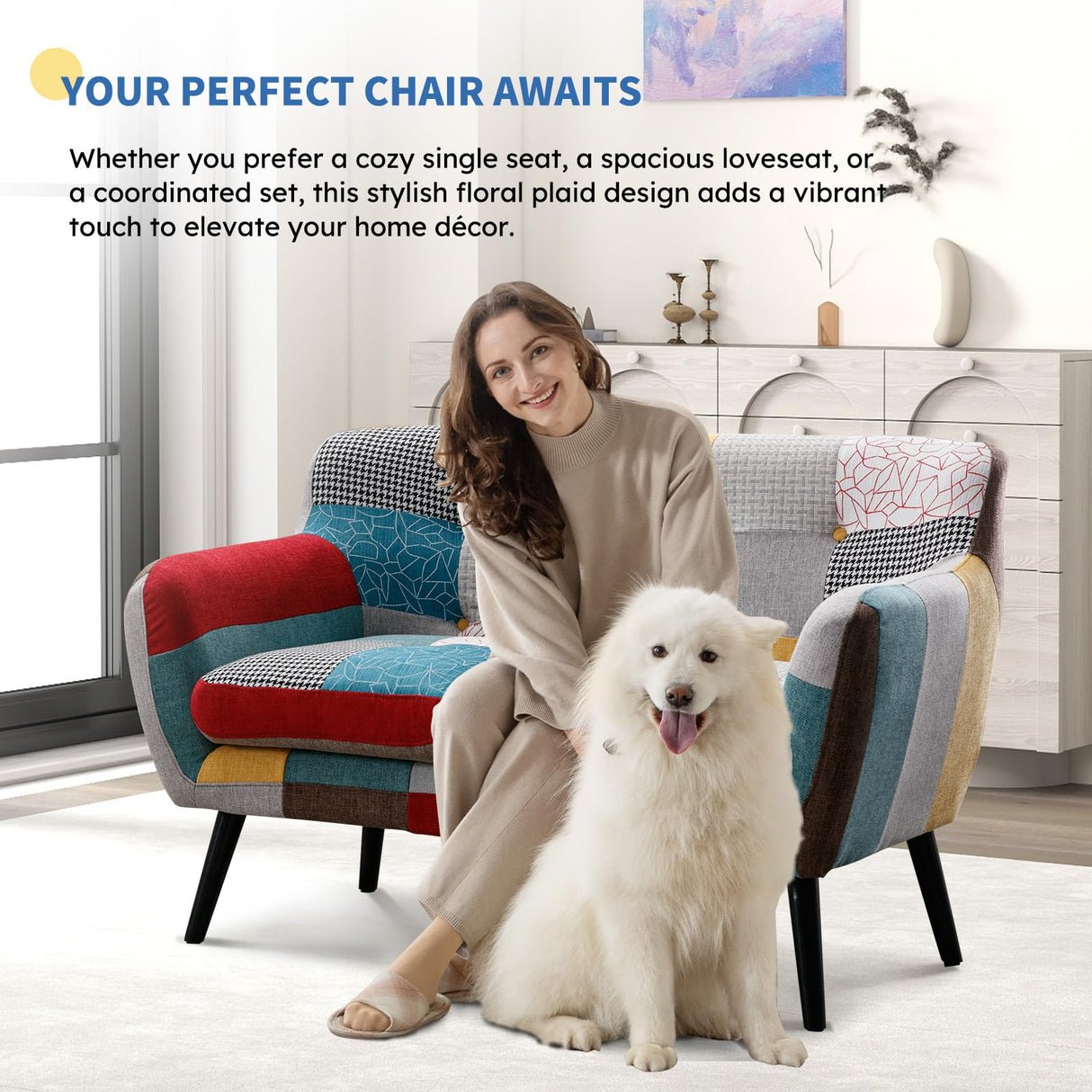 Bonzy Home Modern Boho Loveseat Couch Sofa Chair for Living Room Bedroom, Upholstered Colorful Plaid Fabric 2-Seat Love Seat Sofa with Wood Leg for Small Space, One Loveseat Bonzy Home