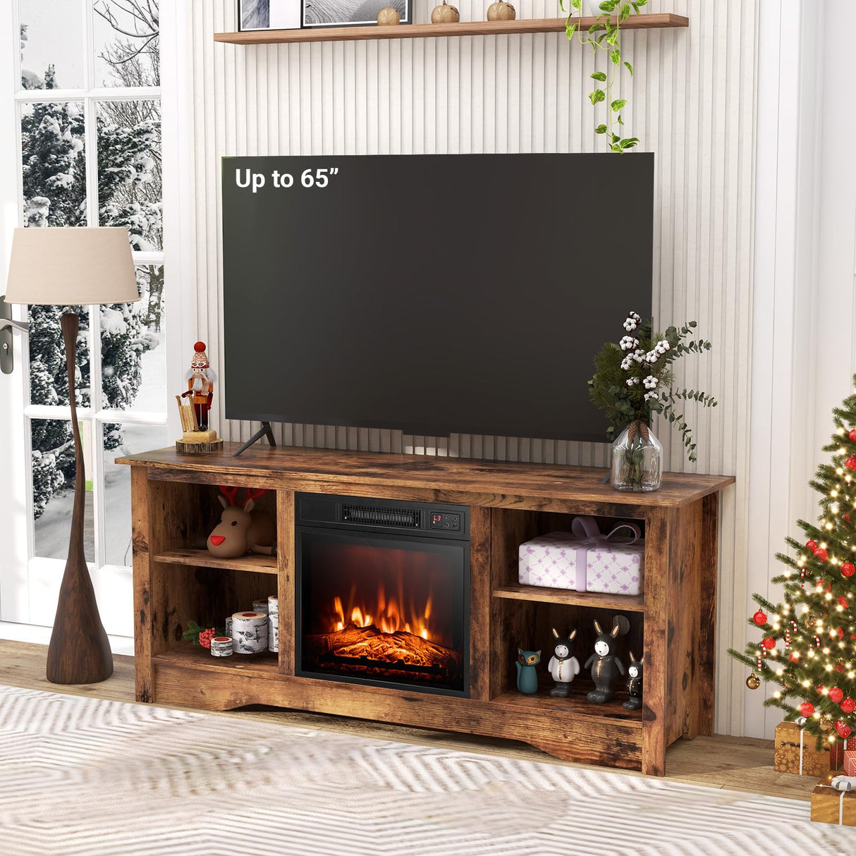 Tangkula TV Stand with 18” Electric Fireplace, for Flat Screen TVs Up to 65” with Adjustable Shelves, Fireplace TV Cabinet with Remote Control, Thermostat & Adjustable Flame Brightness (Rustic Brown) Tangkula