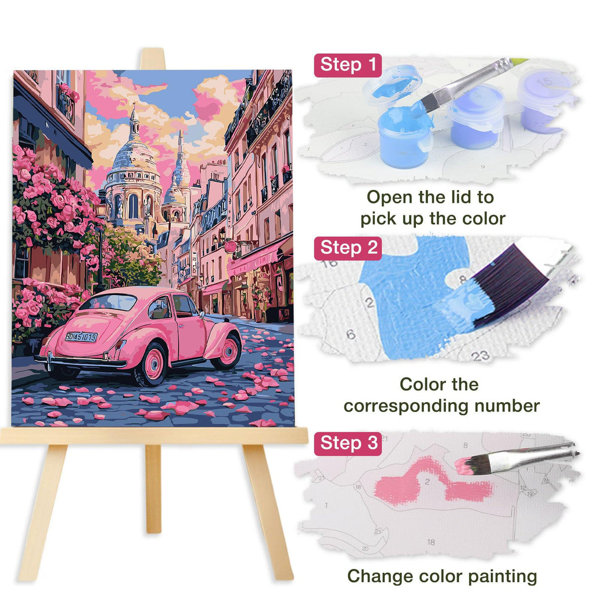 Lxmsja Pink Car Paint by Numbers Kit for Adults, Paris Street Acrylic Paint by Numbers for Adults Beginner, DIY Craft Supplies Oil Painting Kits for Home Wall Decor 16x20 inch (No Frame) Lxmsja