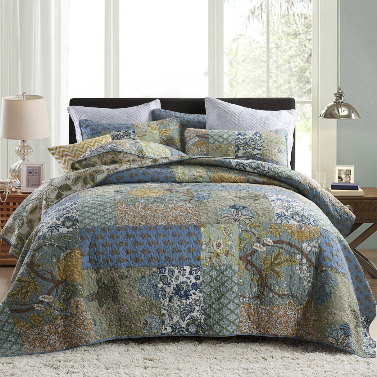 Secgo King Size Comforter Set- 100% Cotton Quilt King Size Set, Green, Sage bedspreads (96 * 108 Inch) with 2 Pillow Shams, Patchwork Reversible Lightweight Bedding Secgo