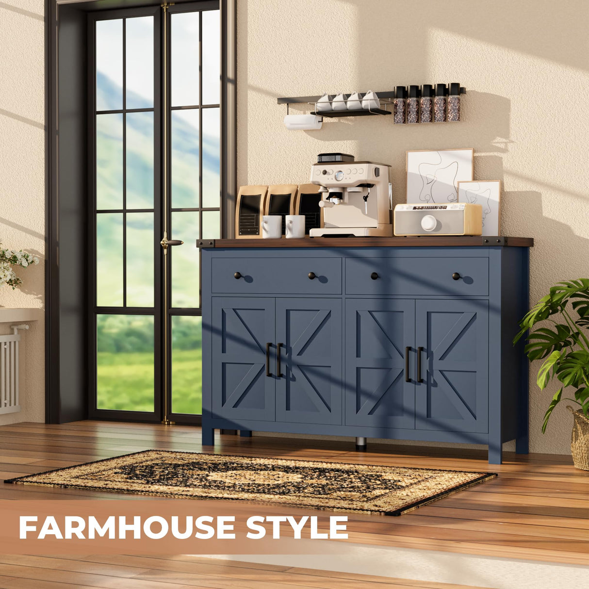 VVFLU Buffet Cabinet with Storage Farmhouse with 4 Doors and 2 Drawers, 55'' Large Kitchen Storage Cabinet Blue Wood Coffee Bar Buffet Sideboard for Kitchen, Dining Room, Living Room VVFLU