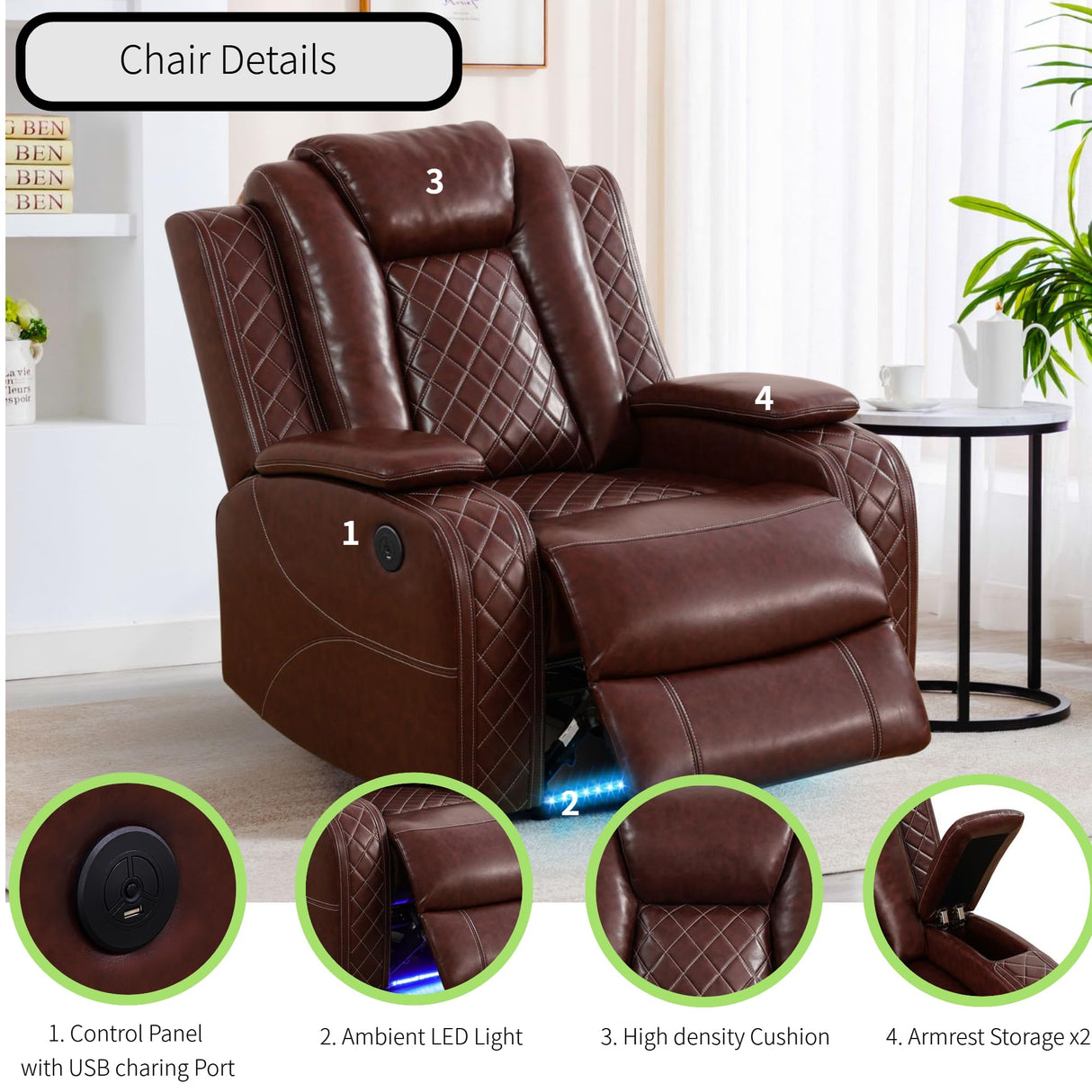 Power Recliner Sofa Sectional Sofa with LED Light for Living Room, Air Leather Reclining Corner Sectional Sofa Set, Cup Holder, Storage Console for Home Theater Seating (Burgundy, Sectional+Chair) AYCP Furniture