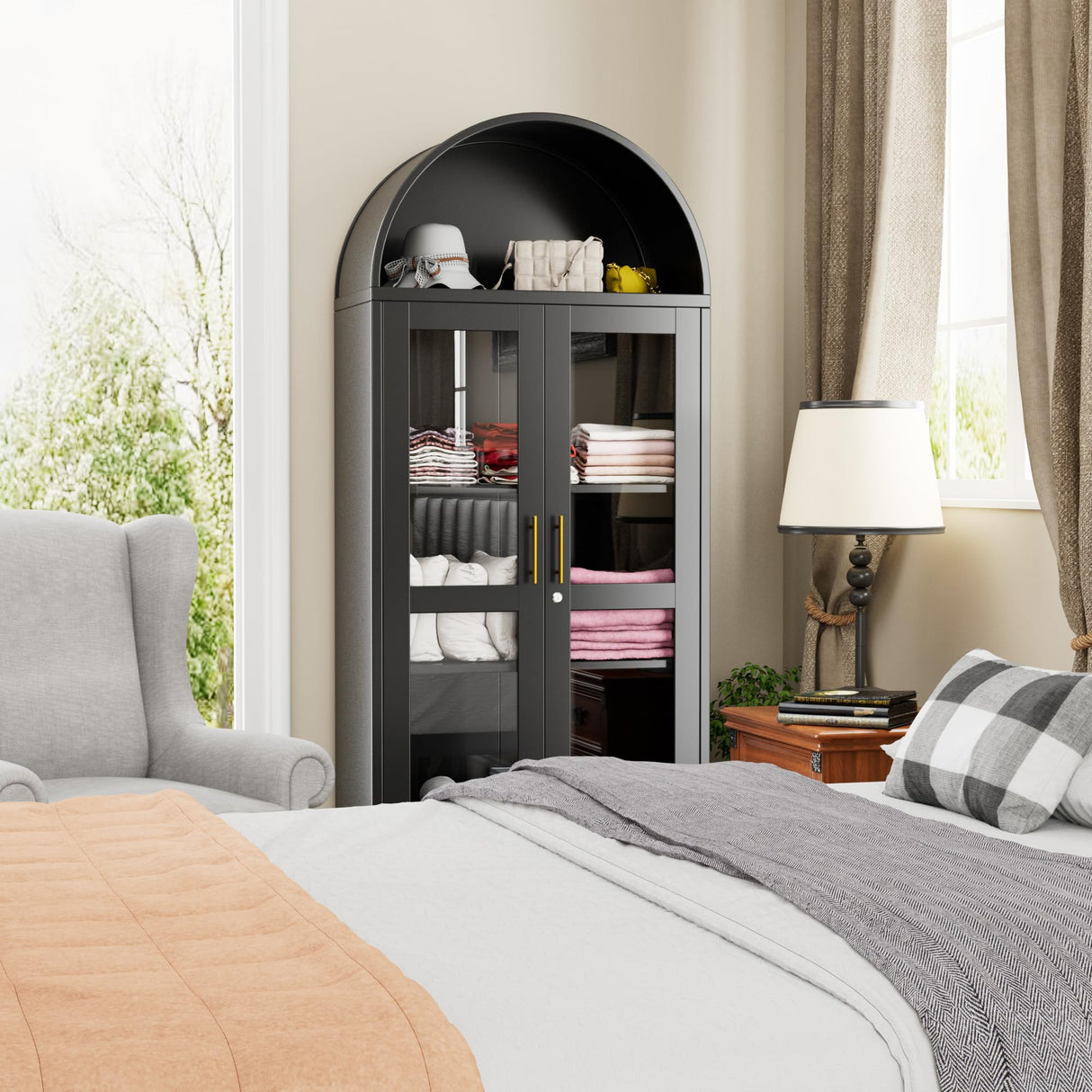 JAORD 73'' H Metal Arched Display Cabinet with Glass Door,Locking Kitchen Pantry Cabinet with Lockable Door and 2 Adjustable Shelves for Home Office, Assembly Required, Black JAORD