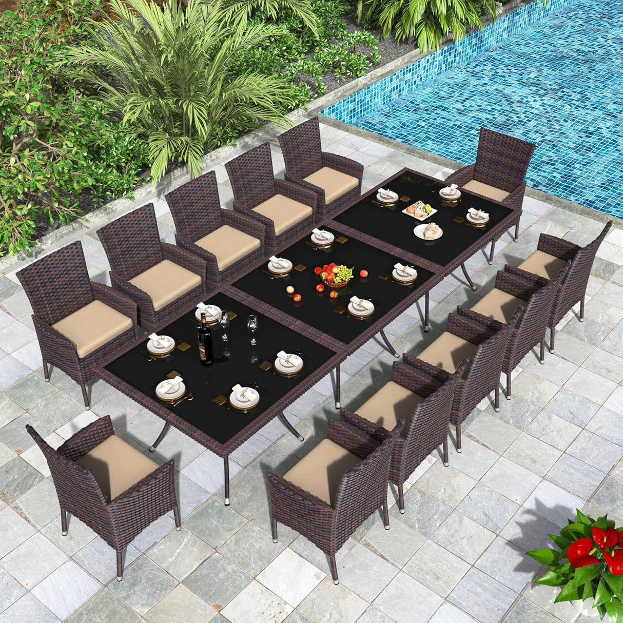 Trumbeak 15 Piece Outdoor Dining Set,Rattan Patio Conversation Set of 12 Chairs,Patio Dining Table and Chairs w/Cushions,Square Glass Tabletop,Umbrella Cutout for Patio,Sand Trumbeak