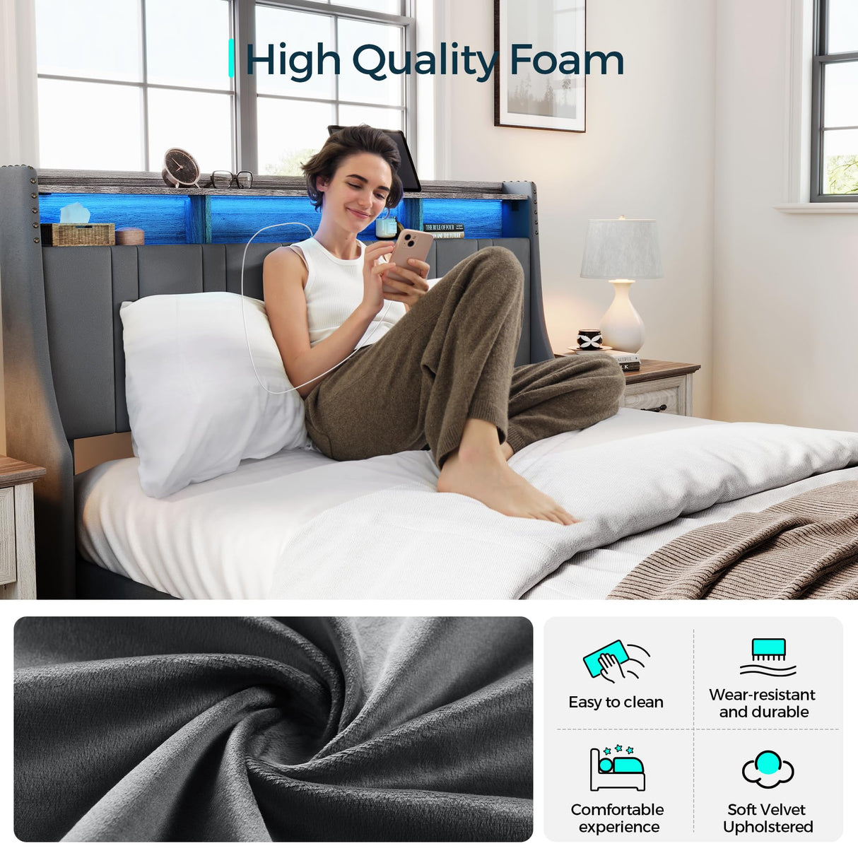 LINSY Queen Bed Frame, Lift Up Storage Bed, Velvet Upholstered Bed with Storage Headboard and Charging Station & LED Lights, Hydraulic Storage, Strong Wooden Slats Support, Noise Free, Dark Grey LINSY