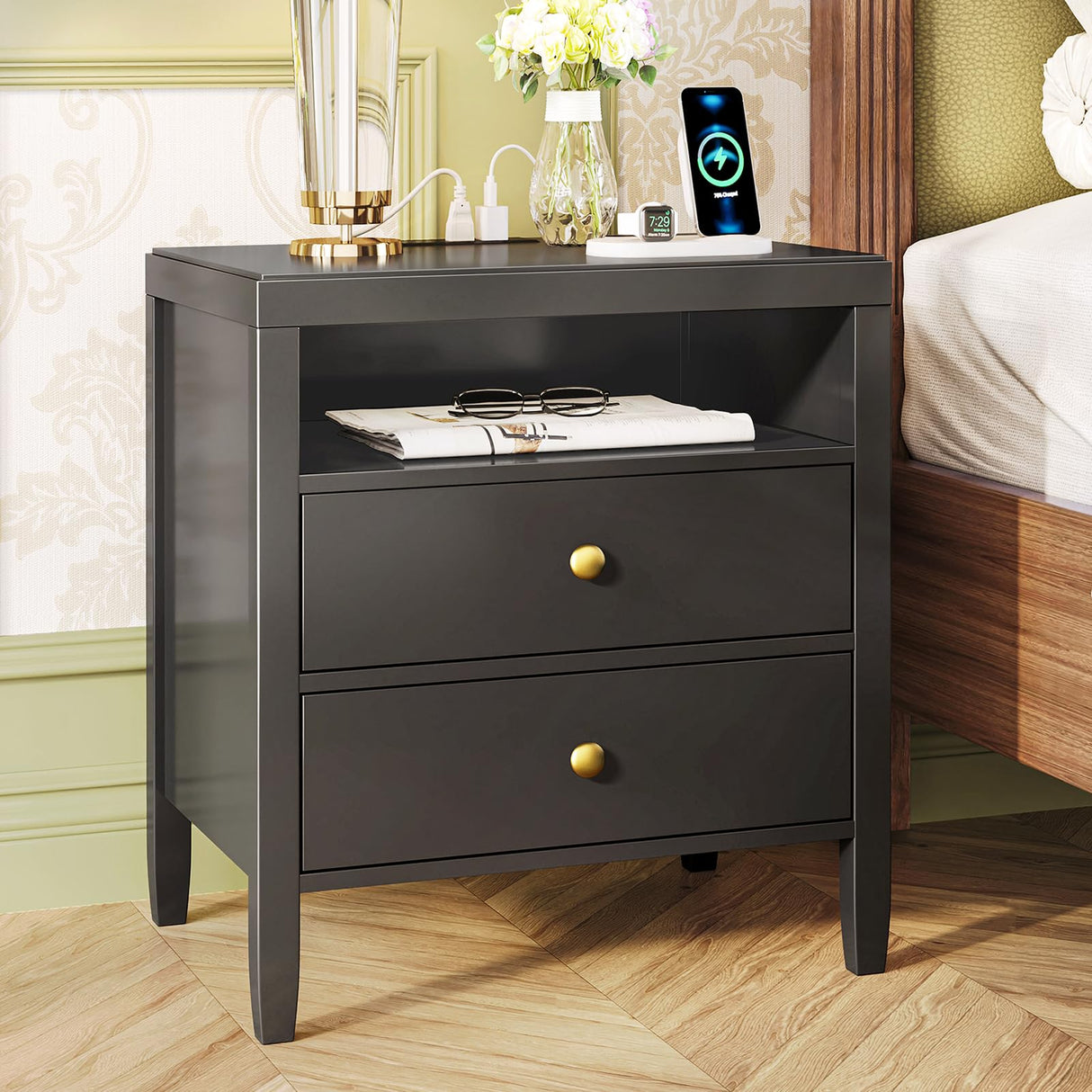 Huuger Black Nightstand Set of 2, Night Stand with Charger Station, Bedside Table with 2 Drawers, Bed Side Tables for Bedroom, Modern Nightstands, Metal Knobs, Painted Surface Huuger