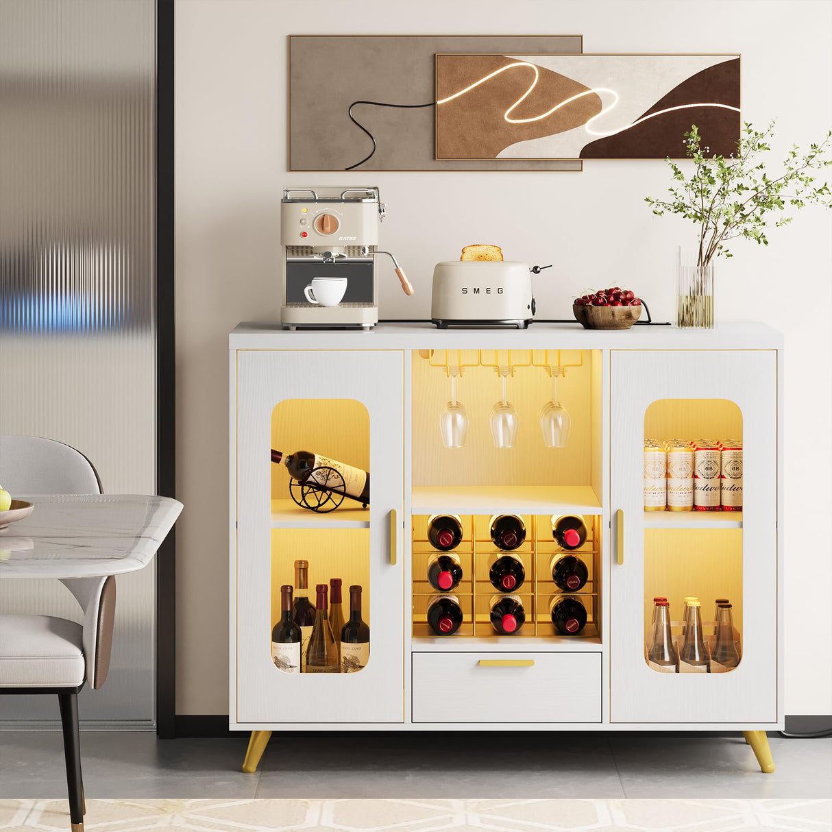 Condemo Wine Bar Cabinet with LED Light, Modern Coffee Bar Cabinet with Power Outlet, Liquor Cabinet with Wine Rack Glasses Holder, Sideboard Buffet Cabinet for Dining Room Living Room Kitchen, White Condemo