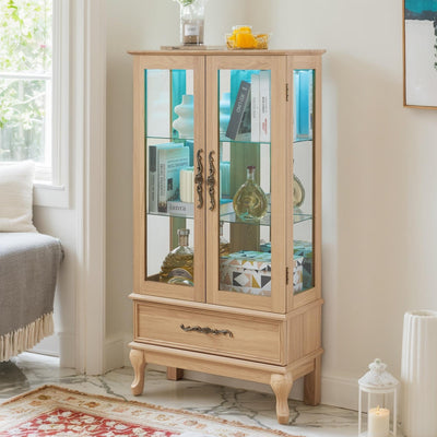 CKEASEAN Lighted Curio Cabinet, 52" H Glass Display Cabinet with Adjustable Shelves, China Cabinet with Tempered Glass Doors for Living Room, Light Blub Included (Light Oak - LED)