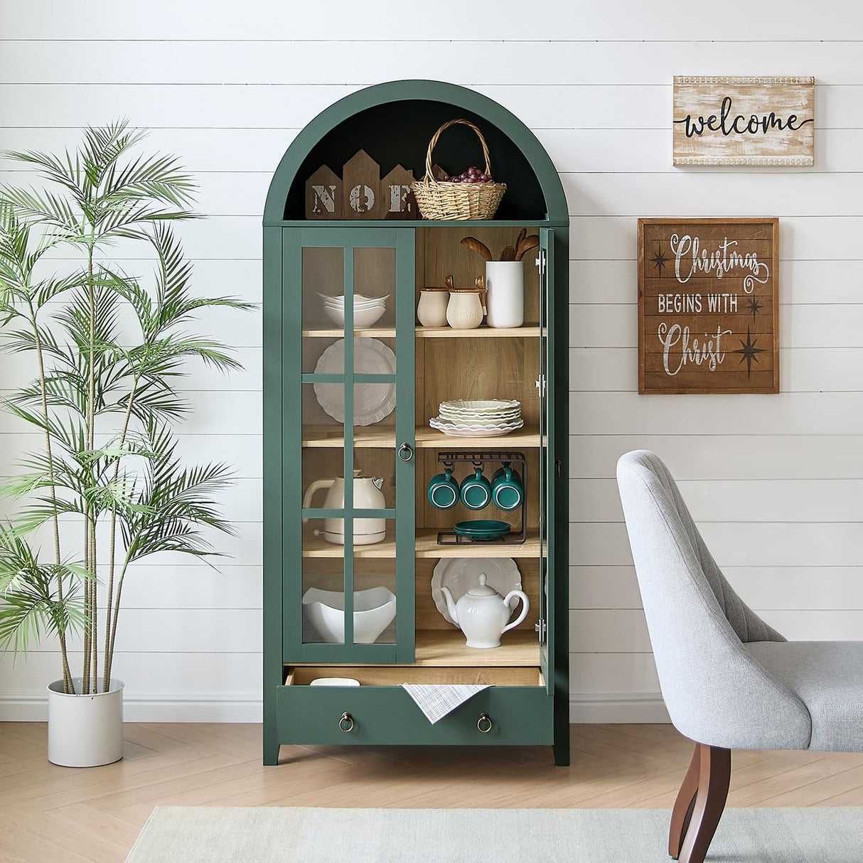 RowyPoey Farmhouse Arched Cabinet with Glass Doors, Wood Display Cabinet with Drawer and Adjustable Shelves, 71” Tall Bookshelf Modern China Storage Kitchen Pantry for Living Room,Office (Green) RowyPoey