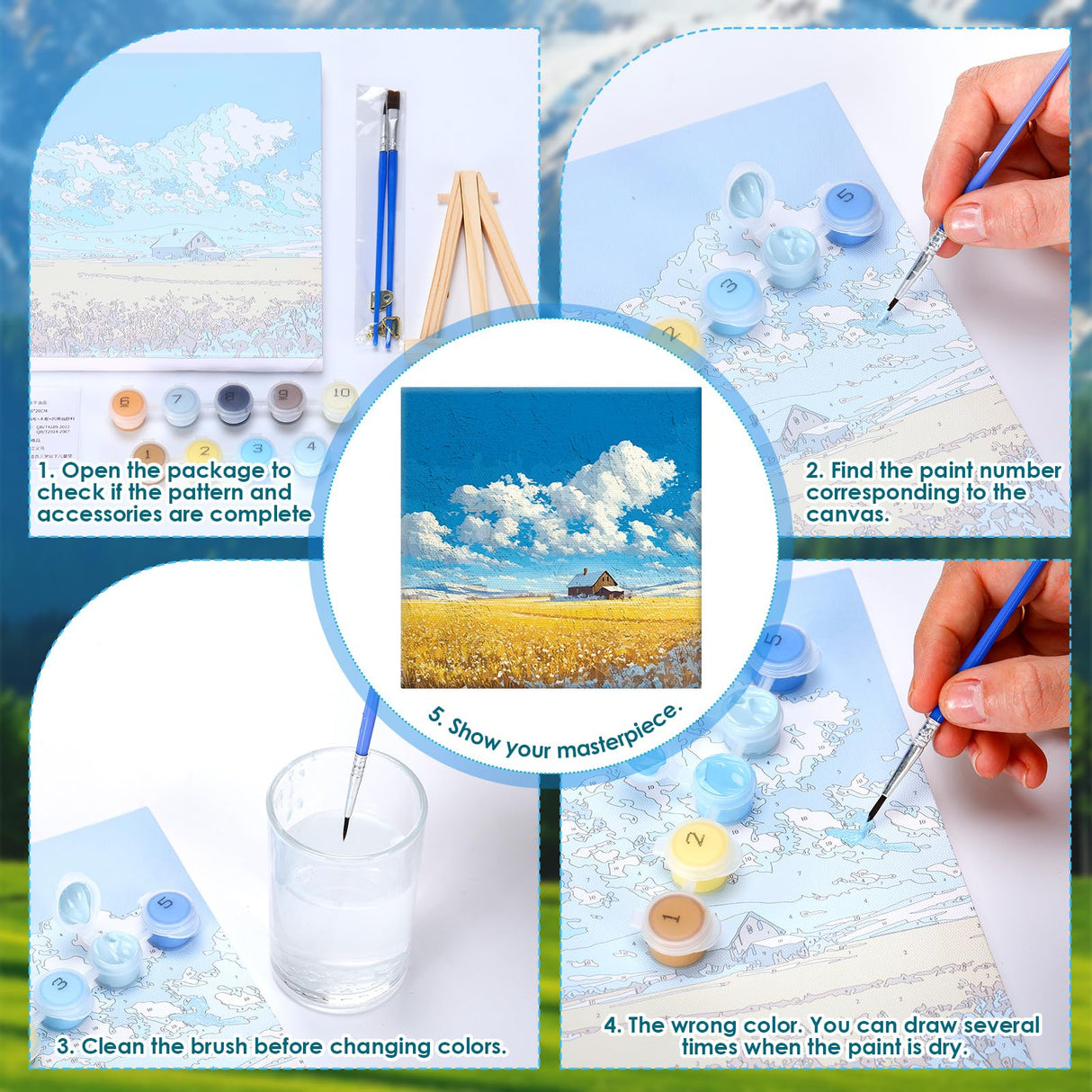 RoundFunny 8 Set Paint by Numbers Kit for Adults with 8x8 Inch Mini Simple Painting Canvas Wooden Frame Easel Acrylic Paints Brushes Funny Numbers Drawing Kit for Gift Home Wall Decor(Landscapes) RoundFunny