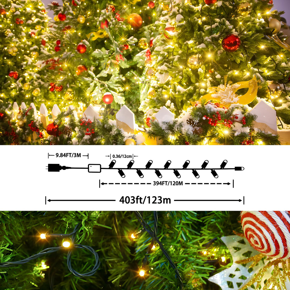 XURISEN 403FT Christmas Lights, 1000 LED Super Long String Lights 8 Modes & Memory Timer Plug in Twinkle Fairy Lights Decor for Home Xmas Party Wedding XURISEN
