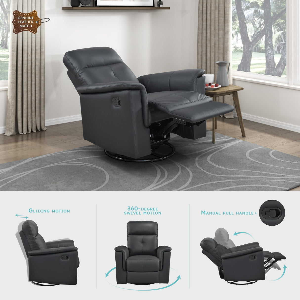 Lexicon Swivel Glider Recliner Chair, Comfy Nursery Glider, Top Grain Leather Match Recliner, Manual Reclining Chair for Living Room/Office/Apartment, Black Lexicon