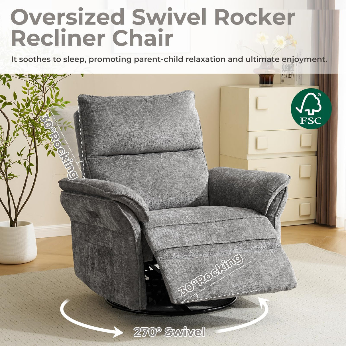 Rhevoy Oversized Power Recliner Chair Swivel Glider with Massage and Heat, Rocker Nursery Recliner for Adults with Adjustable Headrest, 26" Extra Wide Nursery Chair with Overstuffed Armrest, Dark Grey Rhevoy