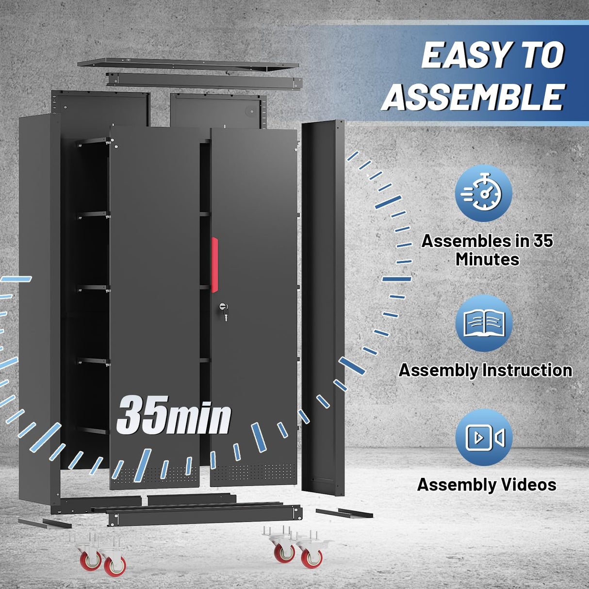 Rumetol Metal Storage Cabinet with Wheels,71" Garage Cabinets with 4 Adjustable Shelves and Lockable Doors,Black Locking Cabinet Suitable for Garages,Home,Office Rumetol