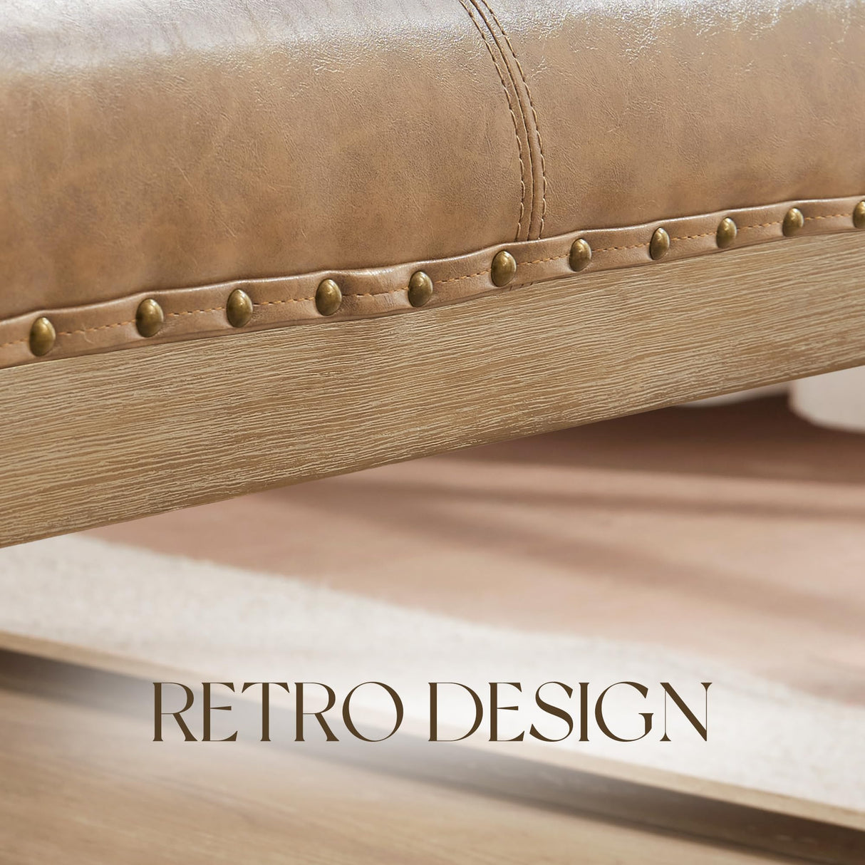 HUIMO 33-Inch Leather Ottoman Coffee Table, Large Ottoman for Living Room, Square Ottoman with Shelf & Solid Wood Frame, Upholstered Ottoman Foot Rest (Light Brown) HUIMO