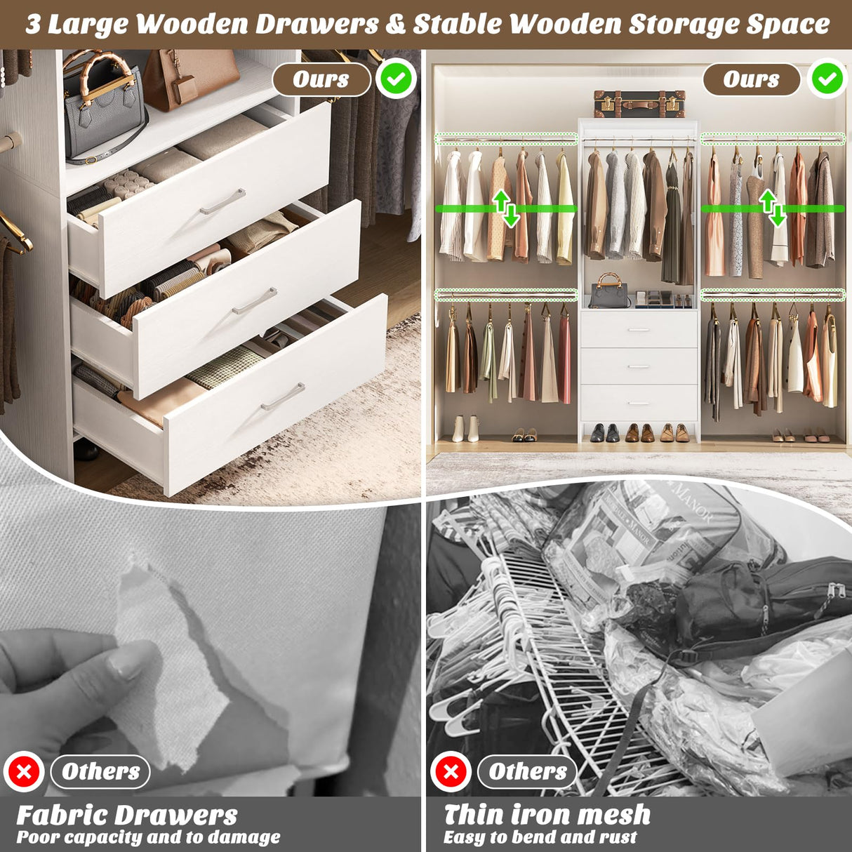 Aheaplus Closet System, Closet Organizer with 3 Wooden Drawers, Closet Organizer System, Walk-in Closet Wardrobe Clothes Rack with 4 Hanging Rods, Garment Rack, -4R, White Aheaplus