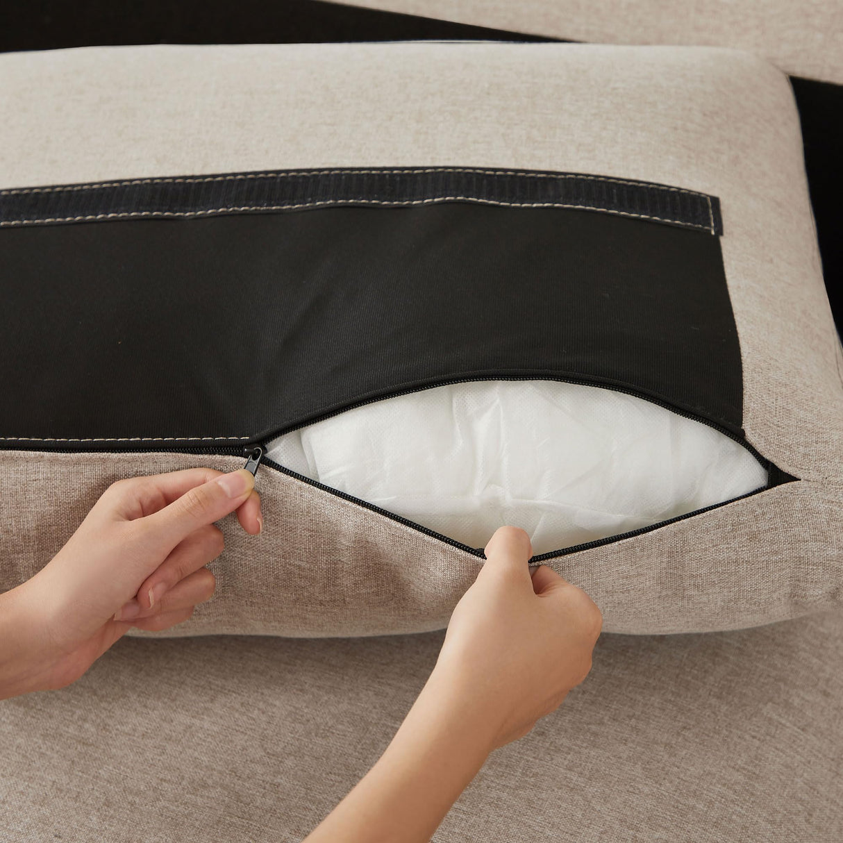 Enobala 101" Convertible Sectional Sofa, 4 Seat U Shaped Couch with Storage Ottoman and Side Pocket, Comfy Sectional Couch for Living Room, Apartment, Modern Linen Fabric Sofa Set, Beige Enobala