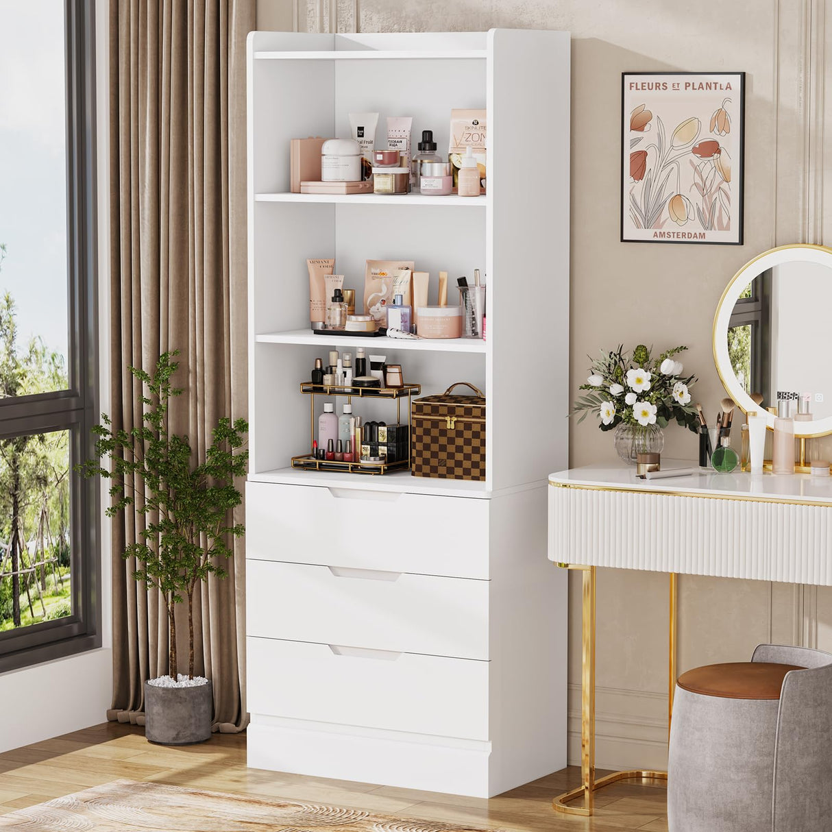 DICTAC 73.23'' Tall Storage Cabinet Bookcase with 3 Drawers and 3-Tier Open Shelves Wooden Bookshelf Kitchen Pantry Storage Organizer Cabinets for Living Room, Study, Kitchen,Bathroom,White DICTAC
