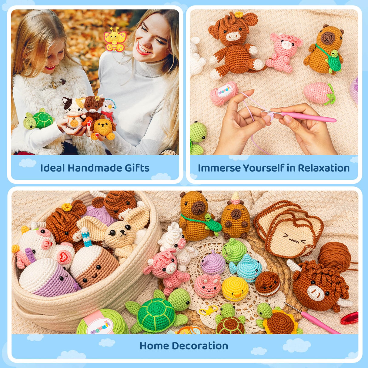 Mewaii Beginner Crochet Kit with 40% Extra Yarn, Pre-Started Yarn & Video Tutorials - 3 Sea Turtles Craft Set for Adults & Kids Mewaii