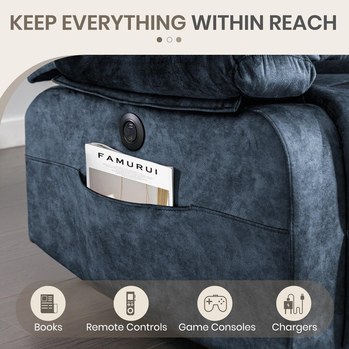 PALLOME Power Reclining Loveseat with Heat & Massage, Dual Recliner Sofa with Console, Cup Holders, USB & Type-C Ports, 2 Seater Electric Reclining Couch for Living Room, RV (Blue, 2 Seat) PALLOME